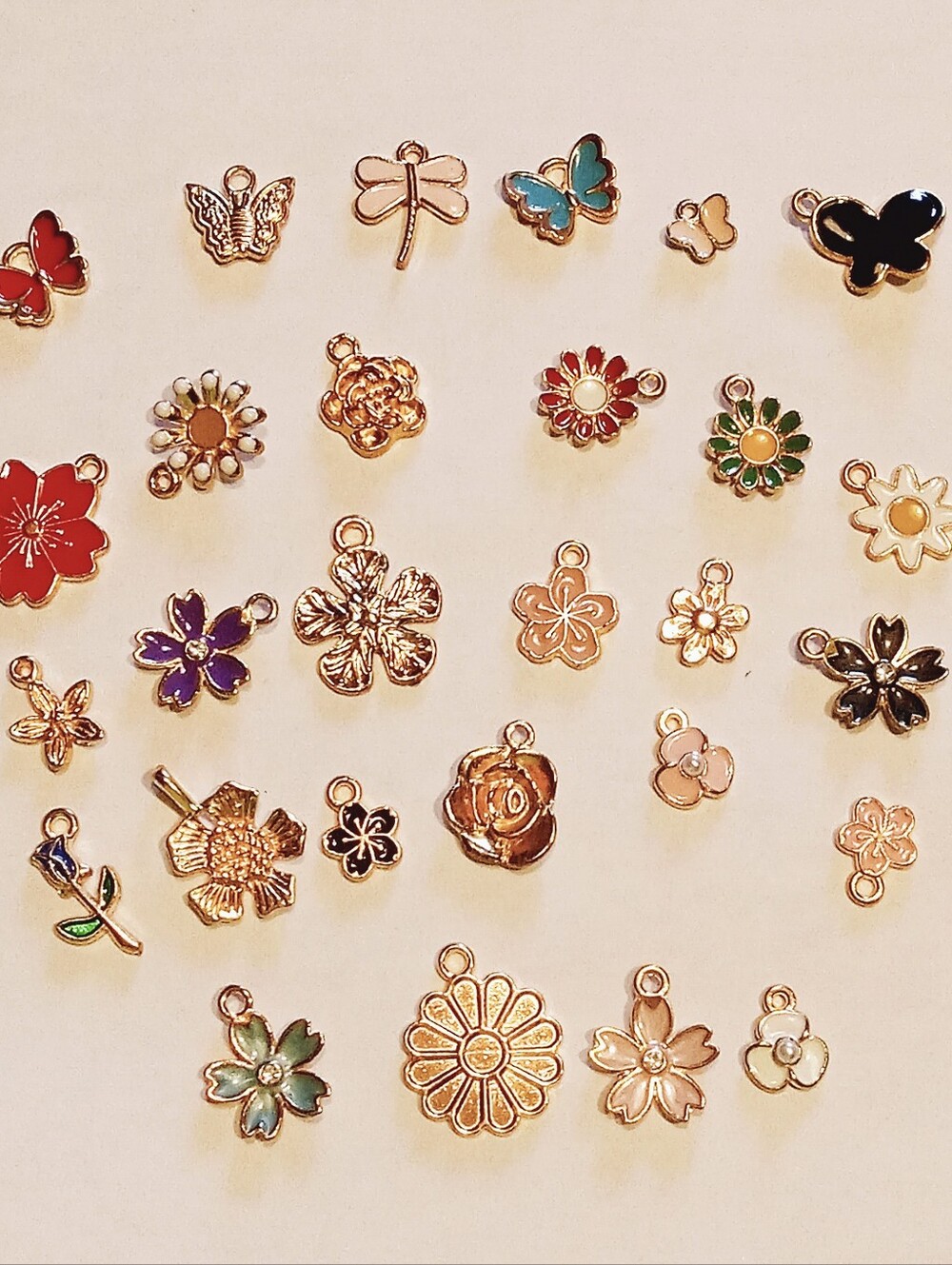 Lot Of 28 Flower & Butterfly Jewelry Charms Goldtone New